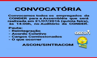 Assembleia dos trabalhadores (as) da Conder: 21/07, 14h, auditório da Conder