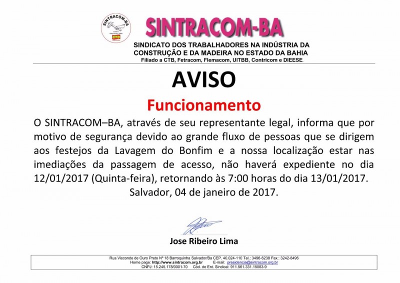 Aviso de Funcionamento - Dia da Lavagem do Bonfim (12/01)