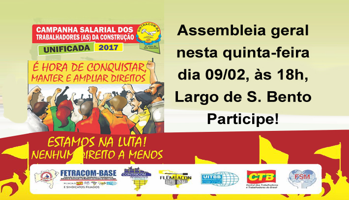 Participe da Assembleia nesta quinta, 09/02, 18h, Largo de S. Bento