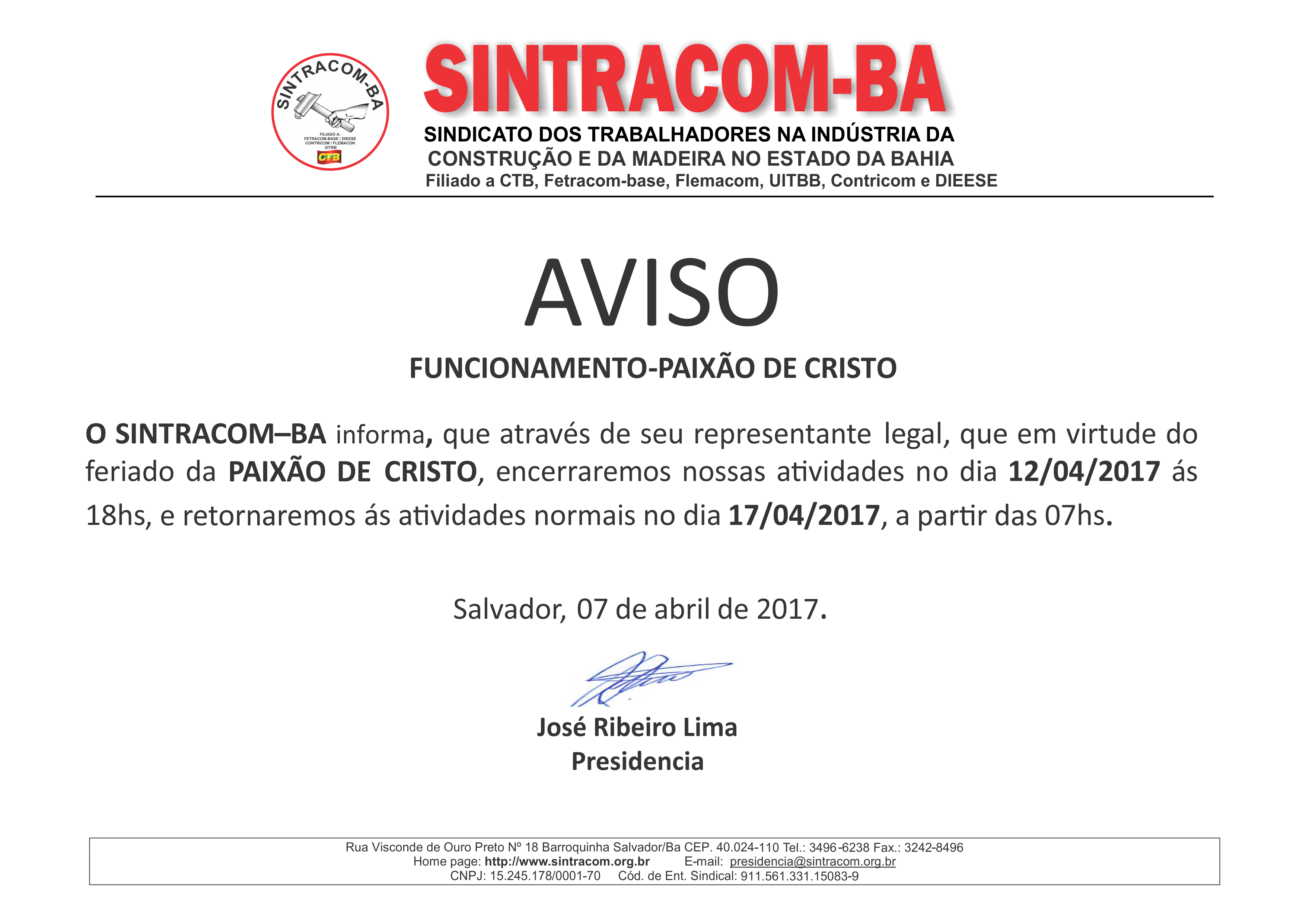 Aviso de Funcionamento - Semana Santa