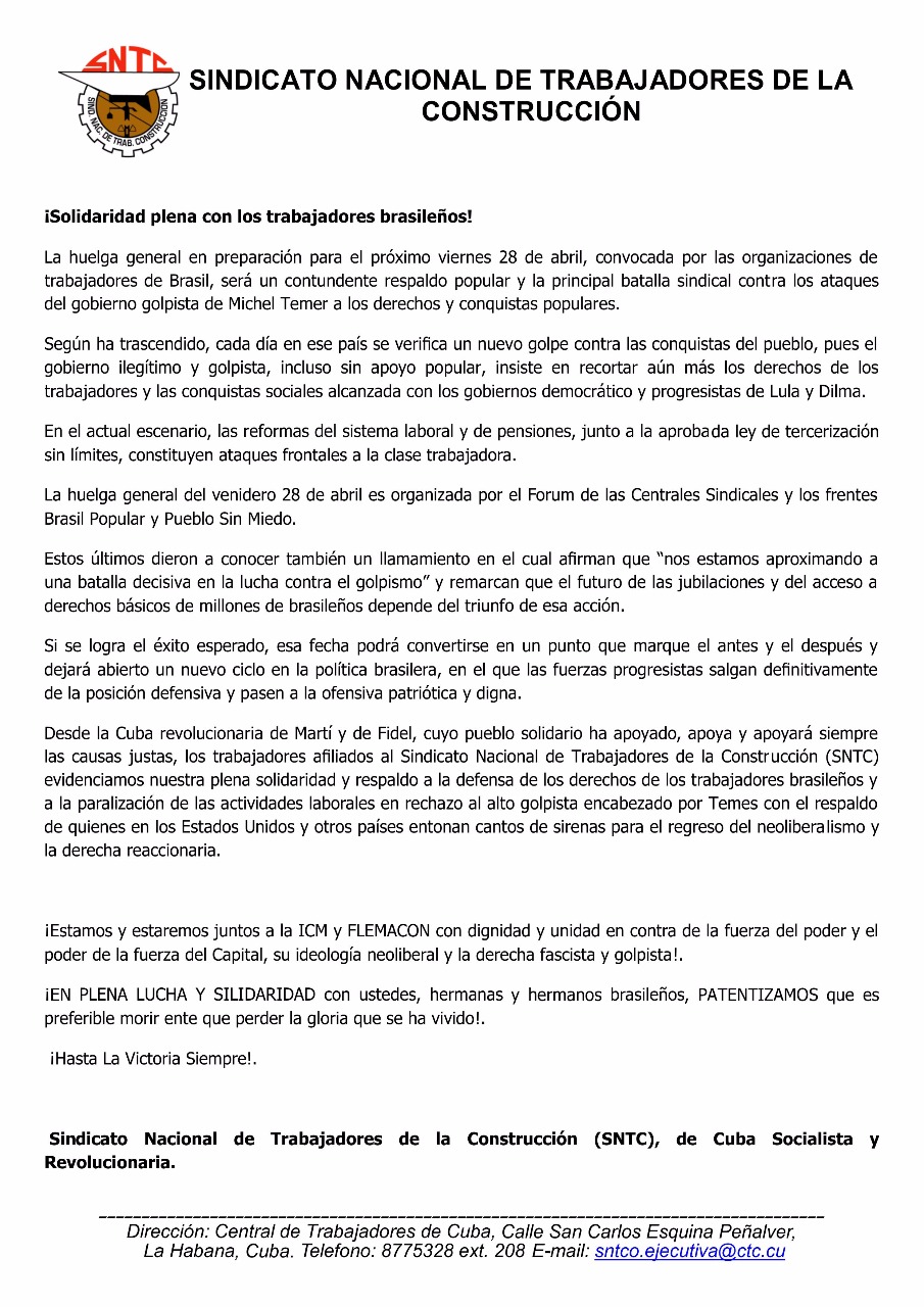 Greve Geral: Trabalhadores (as) da construção de Cuba apoiam paralisação