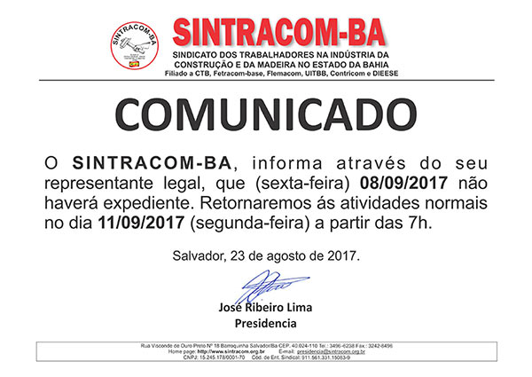 Comunicado: Não haverá expediente em 08/09/2017