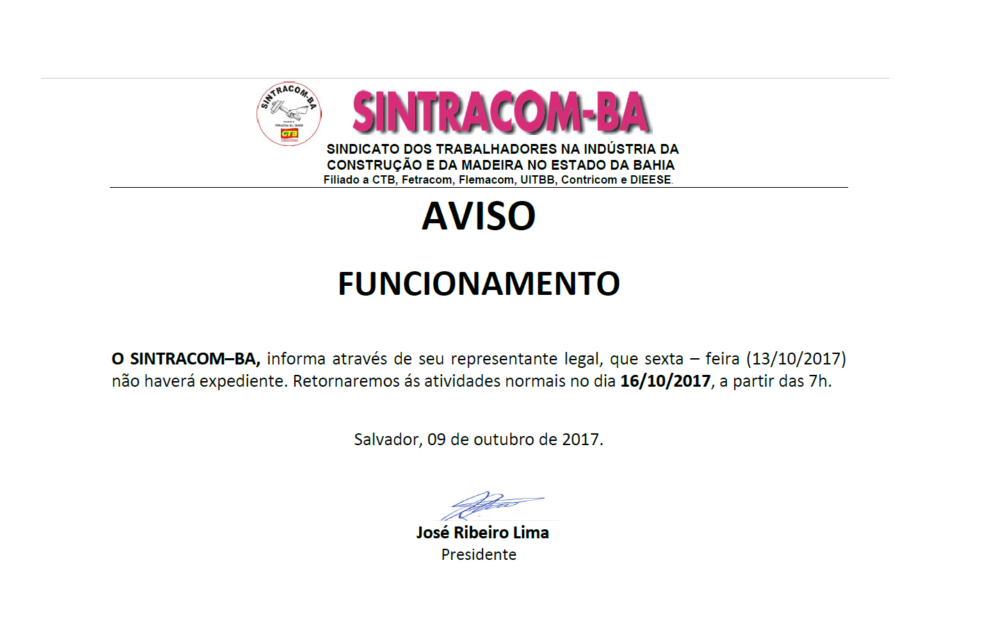 Aviso de Funcionamento - 13/10/2017