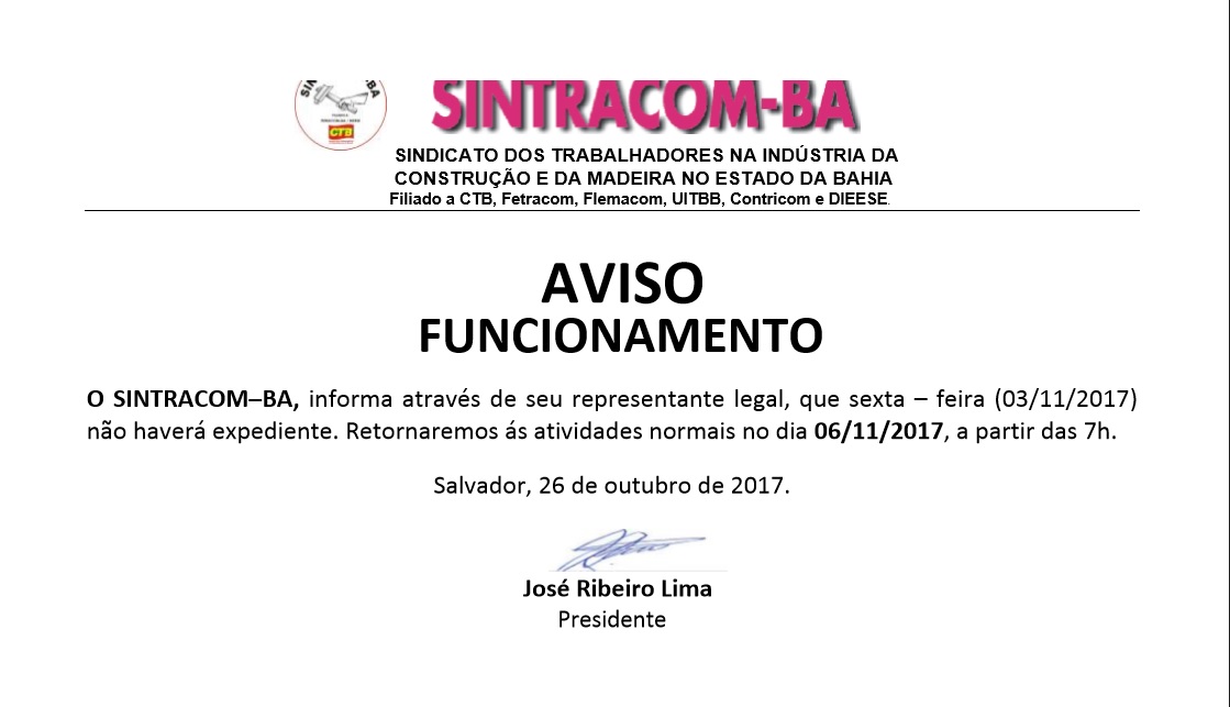 Aviso de Funcionamento: 03/11/2017