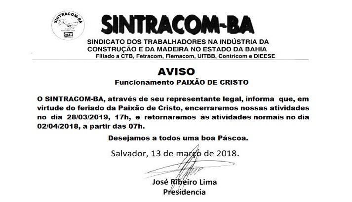 Aviso da Diretoria - Feriado Paixão de Cristo