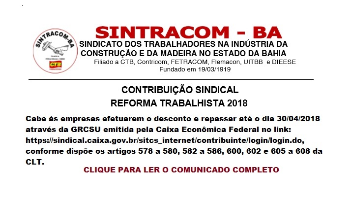 ATENÇÃO: COMUNICADO ÀS EMPRESAS: CONTRIBUIÇÃO SINDICAL 2018