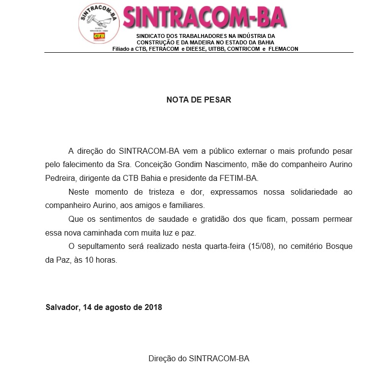 Nota de Pesar - Sra. Conceição Gondim Nascimento