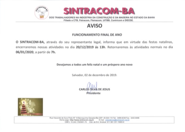 Aviso de Funcionamento durante o período de Natal e Ano Novo