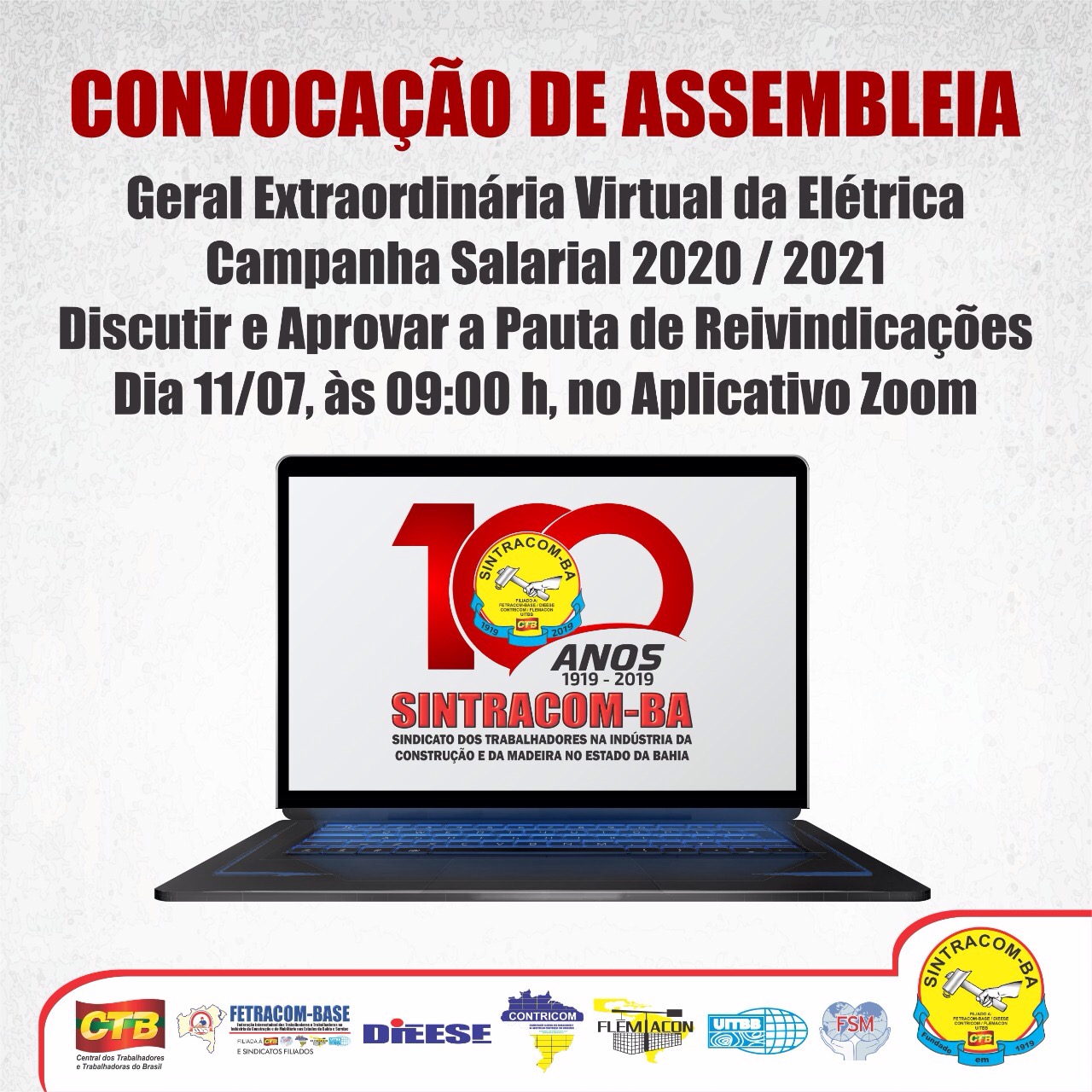 Elétricas: Sábado, dia 11/07, 9h, tem Assembleia e Seminário Virtual da Campanha Salarial. Participe!