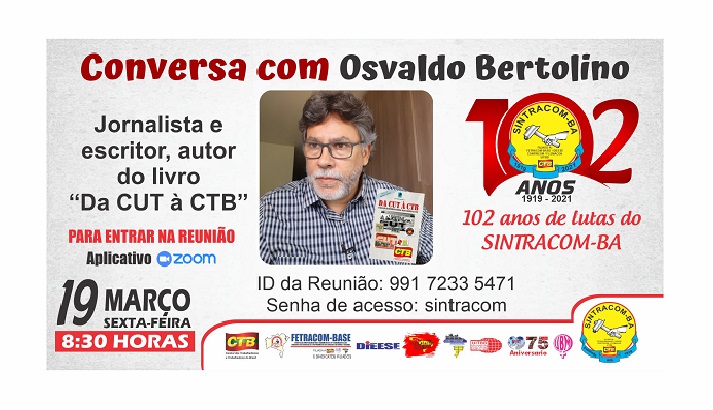 19/03: 102 anos de luta do SINTRACOM tem "live" com Osvaldo Bertolino