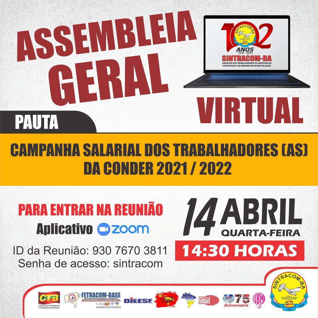 Hoje 14/04, às 14h30: Assembleia Geral dos Trabalhadores (as) da CONDER