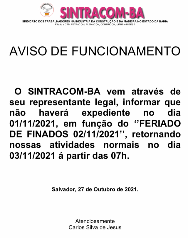 SINTRACOM-BA avisa: dia 1°/11 não haverá expediente