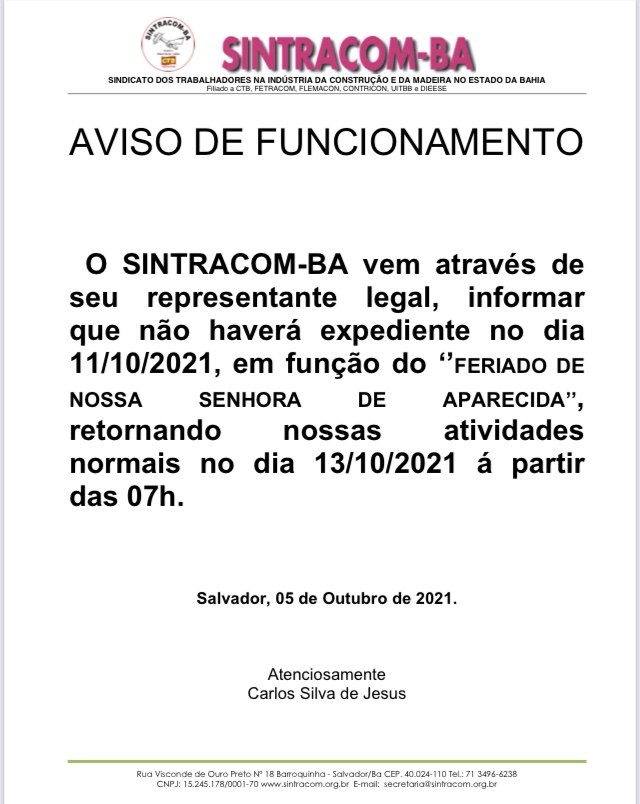 Aviso: Não haverá expediente no dia 11/10