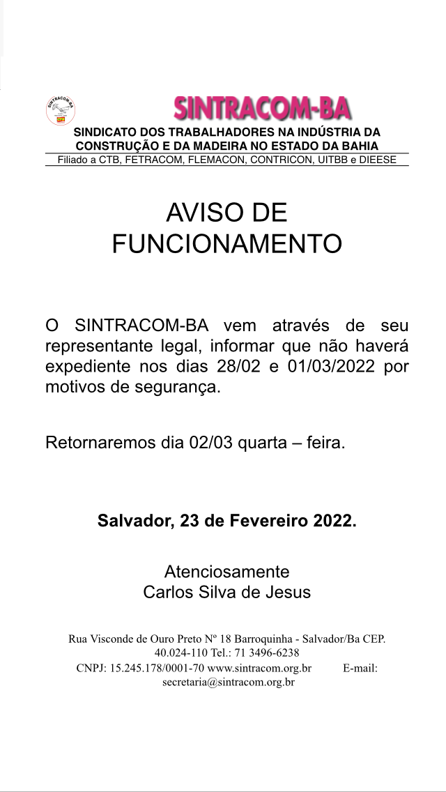 AVISO: FUNCIONAMENTO DO SINTRACOM-BA