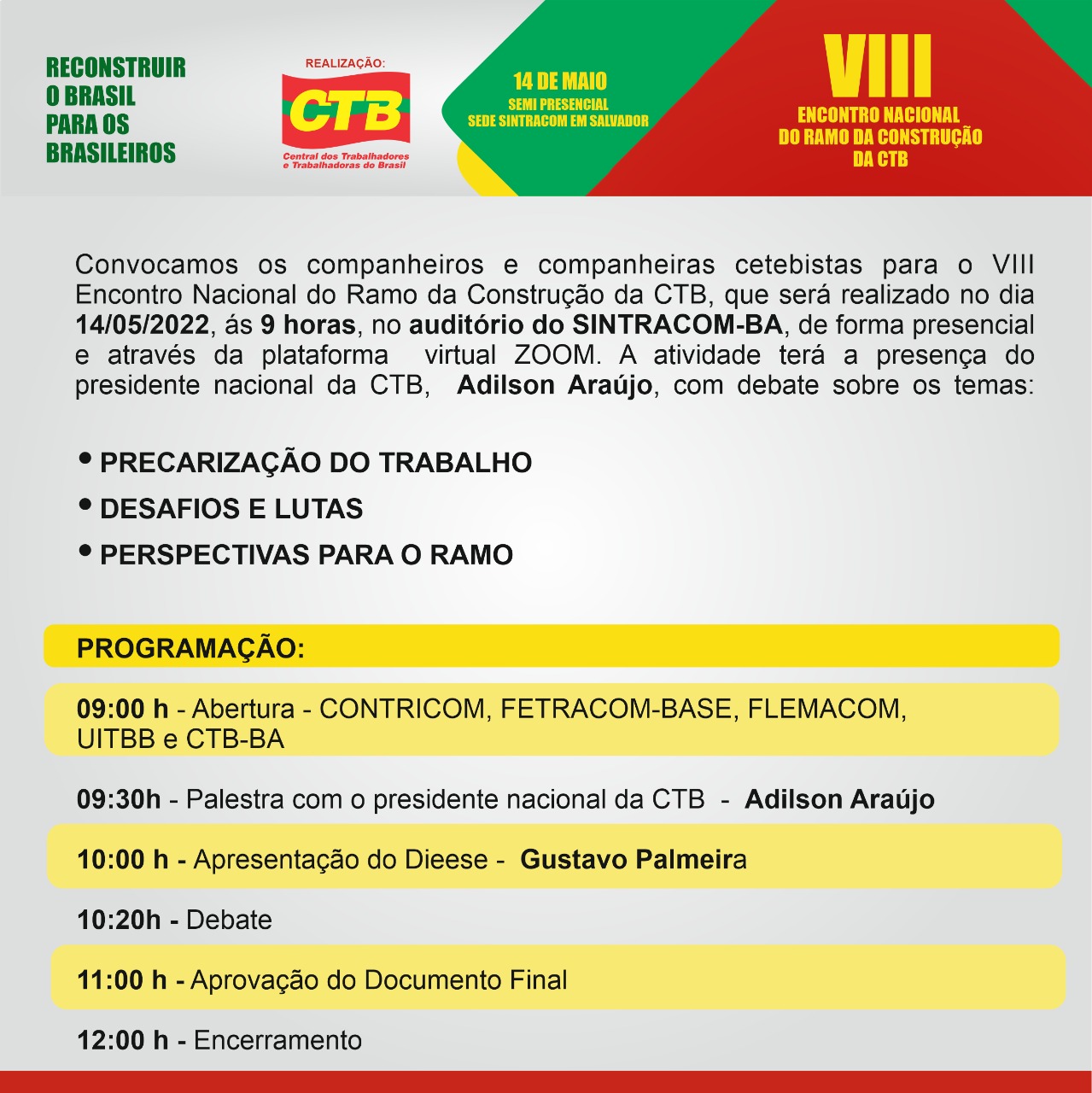 VIII Encontro do Ramo da Construção da CTB será neste sábado 14/05