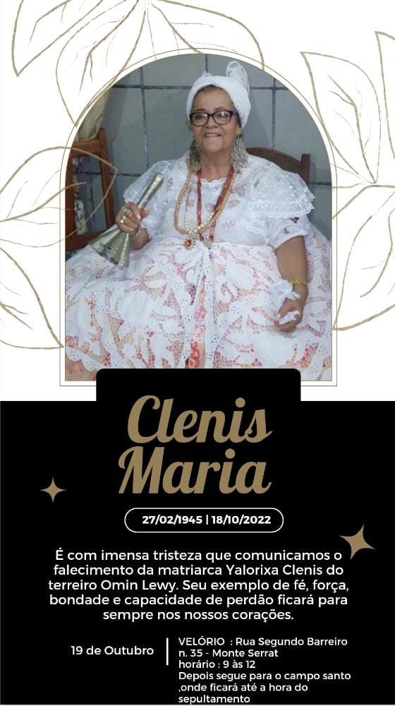 Nota de pesar: Yalorixá Clenis Maria, mãe de Dra. Epifania