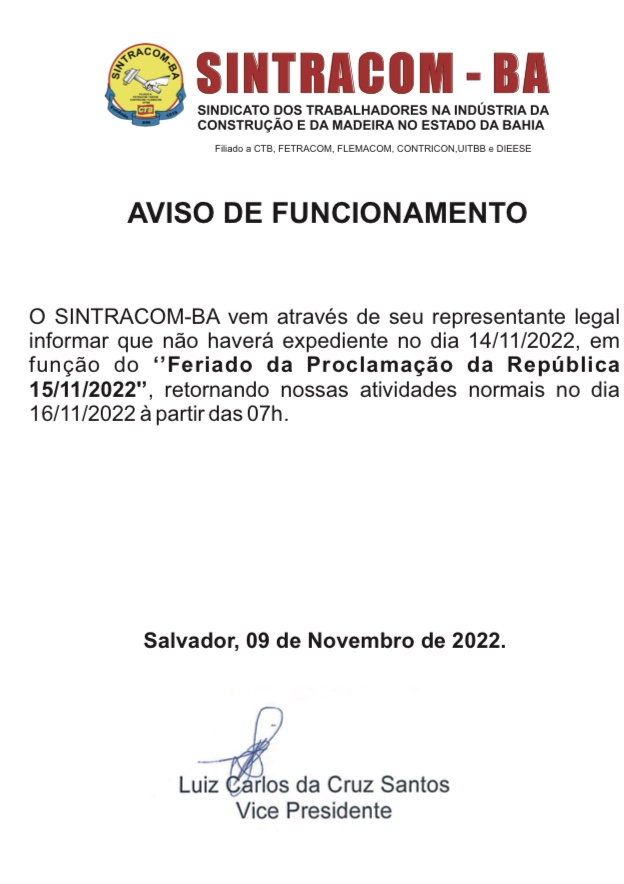 Aviso de funcionamento em função do feriado de 15/11