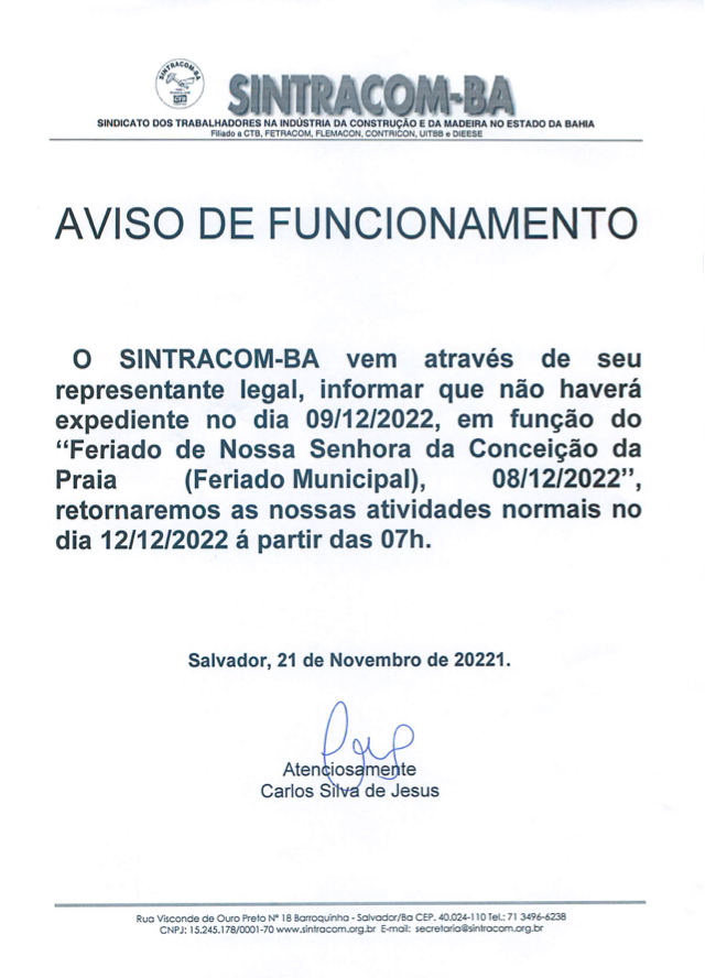 Aviso: Expediente no período do feriado de 8 de dezembro