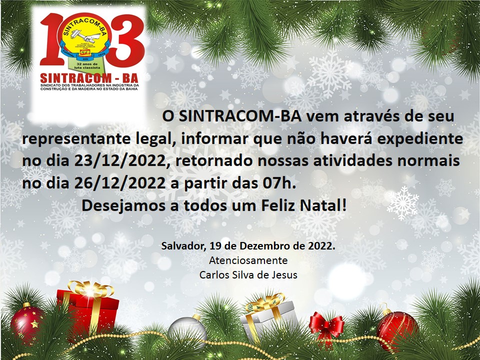 Aviso: No dia 23/12 não haverá expediente