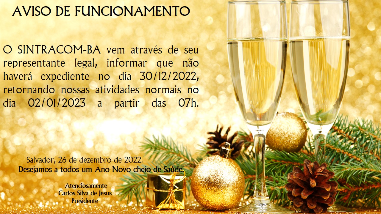 Aviso: Não haverá expediente no dia 30/12