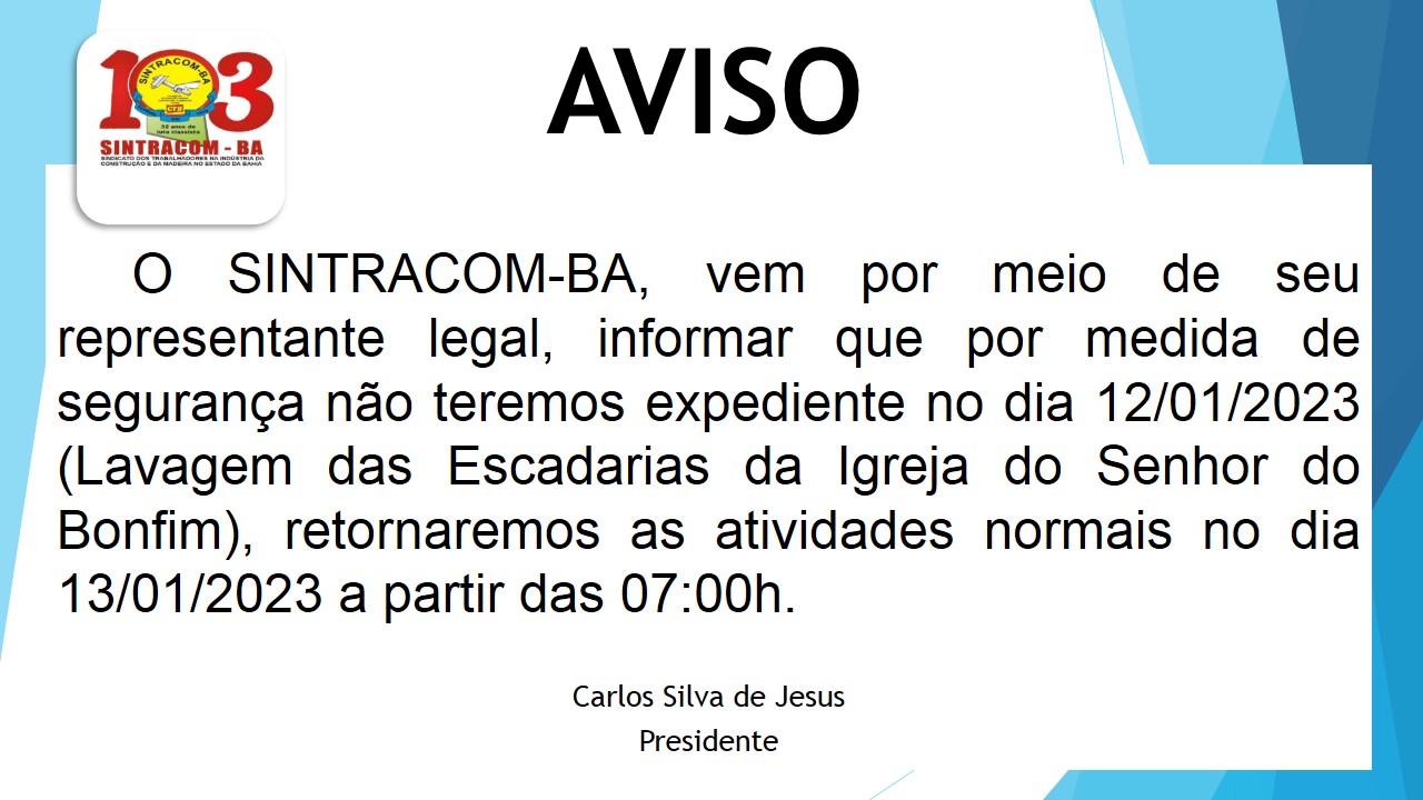 Aviso: Dia 12/01 não haverá expediente, por medida de segurança