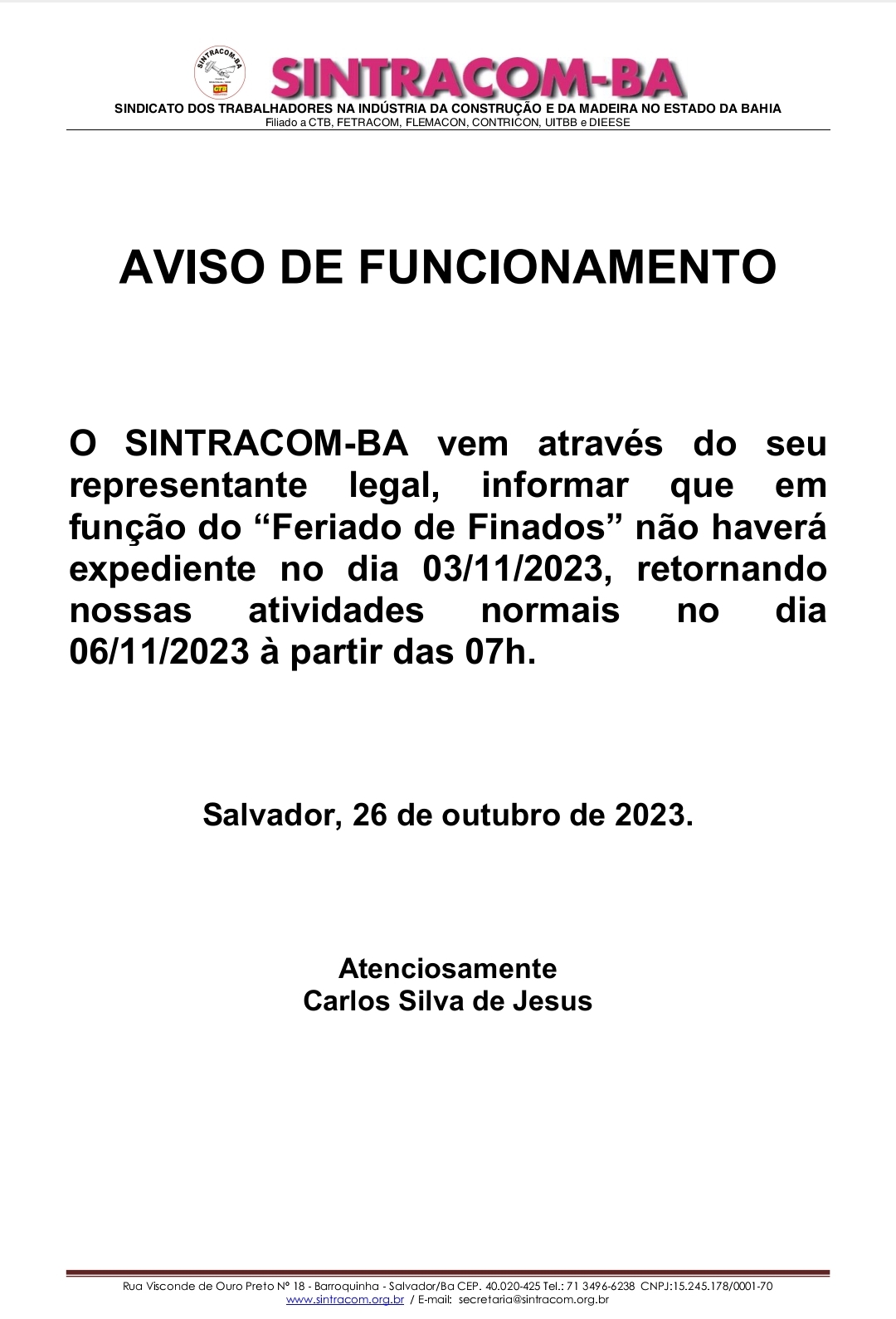 Aviso de Funcionamento - Feriado de Finados