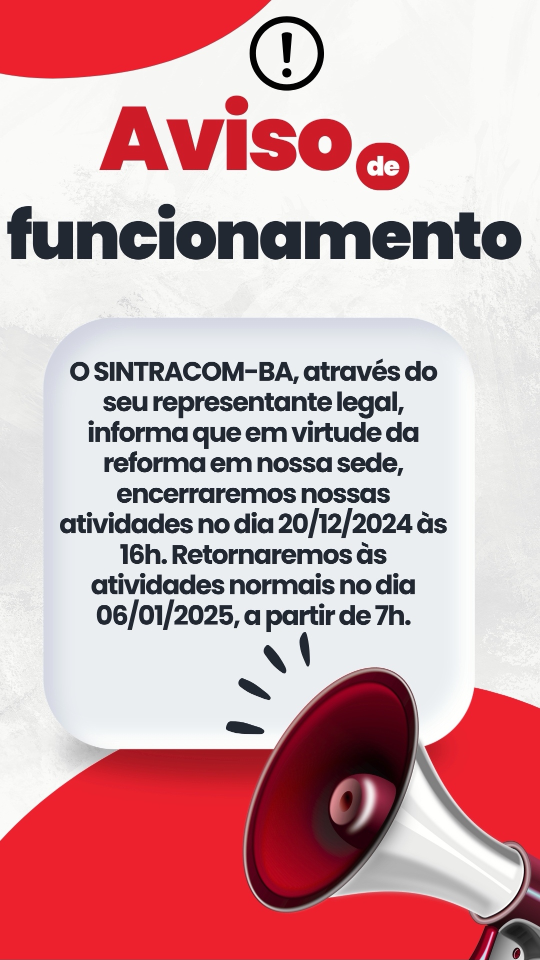 Aviso de Funcionamento - Período final de ano