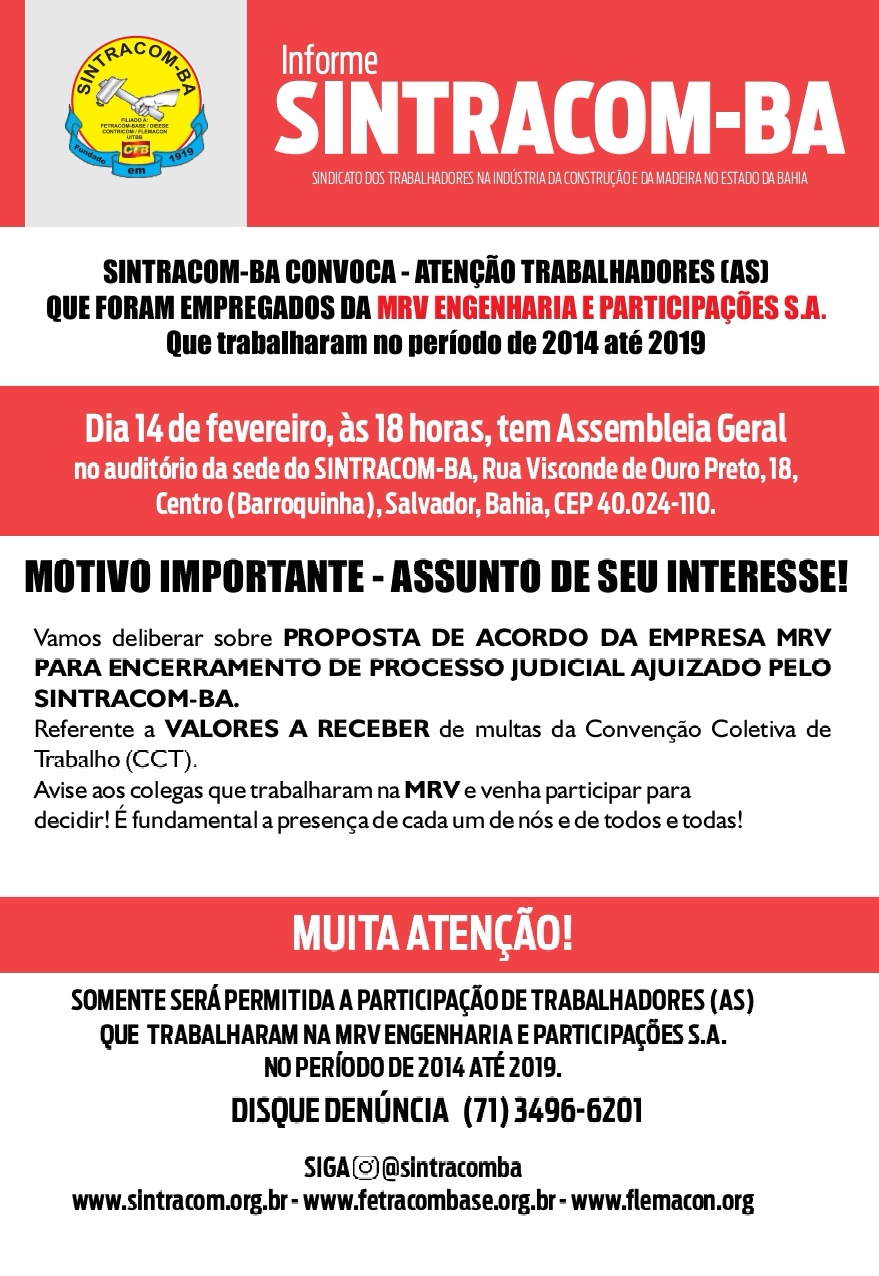 Resultado da Assembleia: Atenção trabalhadores (as) que foram empregados da MRV Engenharia e Participações de 2014 até 2019