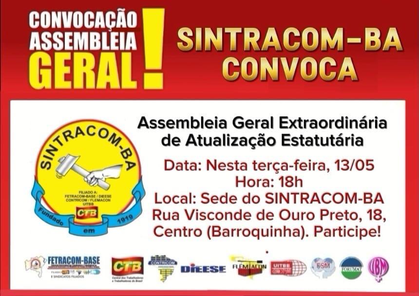 SINTRACOM-BA convoca Assembleia Geral Extraordinária