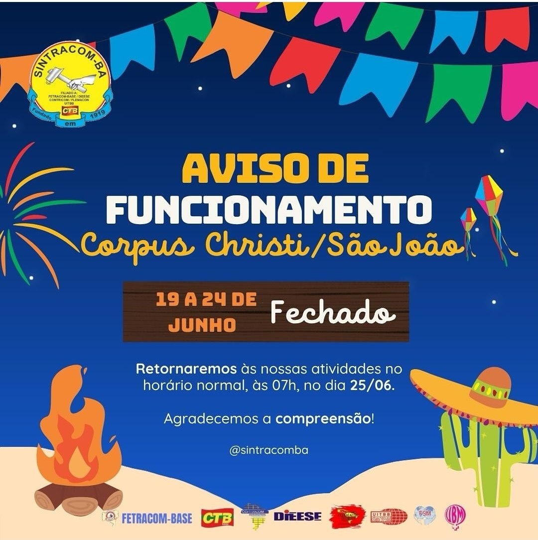 Aviso Funcionamento: 19 a 24/06