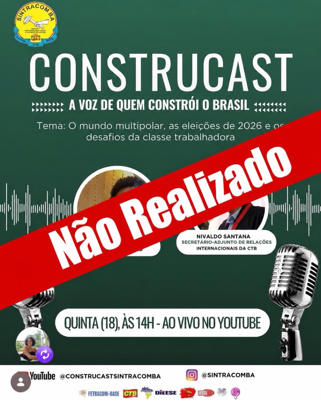 Por problemas técnicos, o podcast "Construcast", que estava programado para ser exibido "ao vivo", não foi realizado